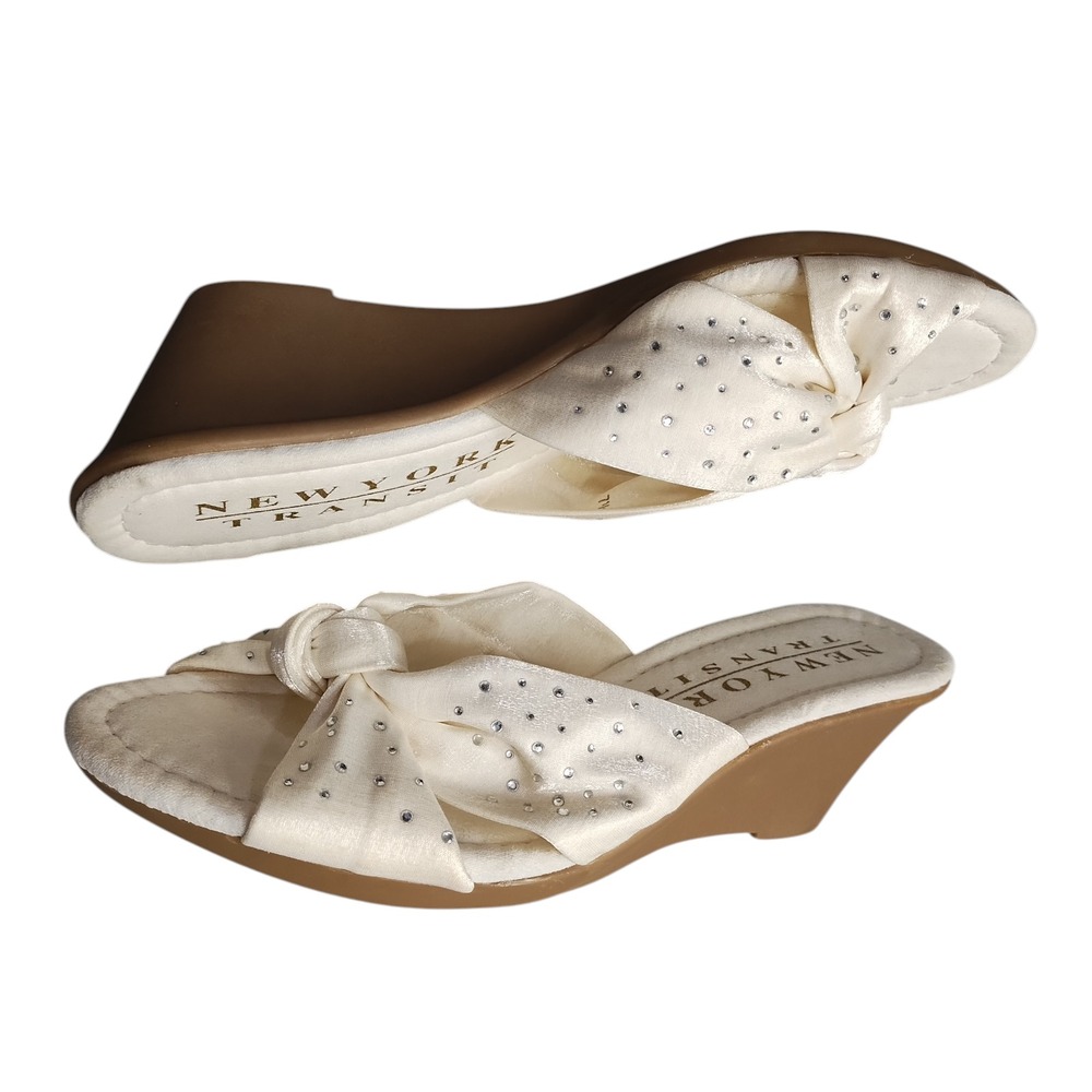 New York Transit Wedge Slide Sandals Womens Size 7.5M White Rhinestone Knotted
